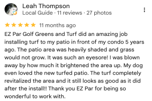 Google review from Leah for EZ Par Outdoor
