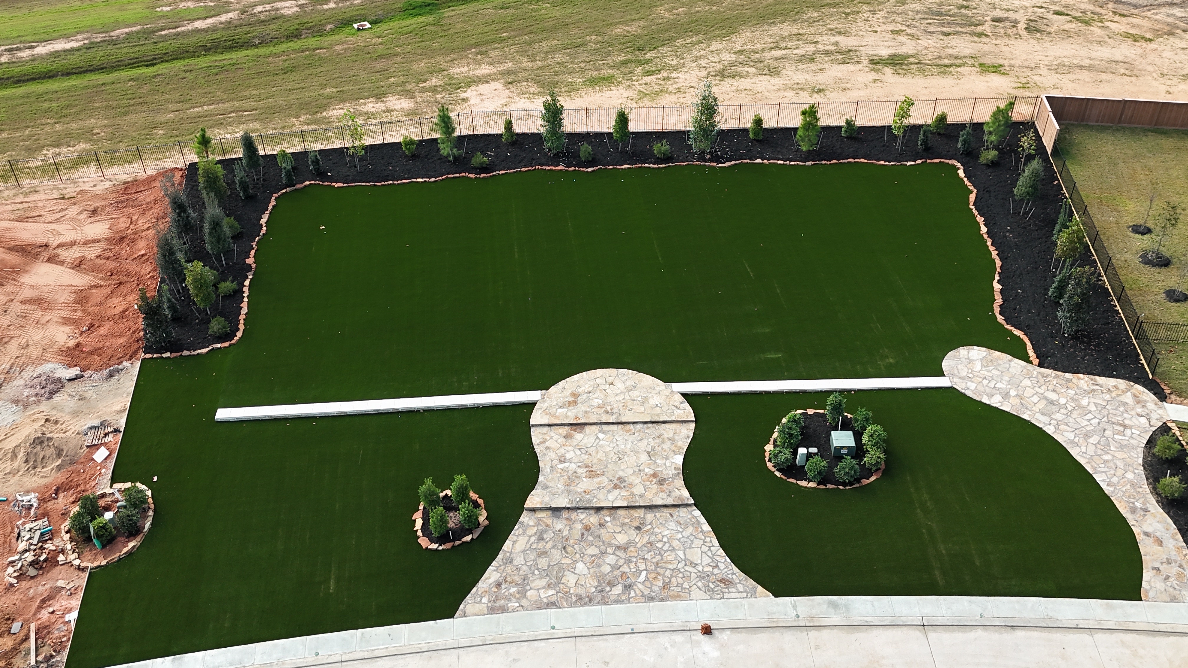 Large EZ Par artificial turf and landscape design installation viewed from above